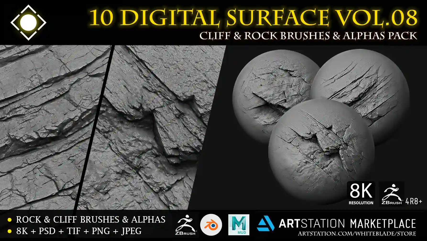 10 Digital Surface Rock & Cliff Brushes & Alphas Vol.08