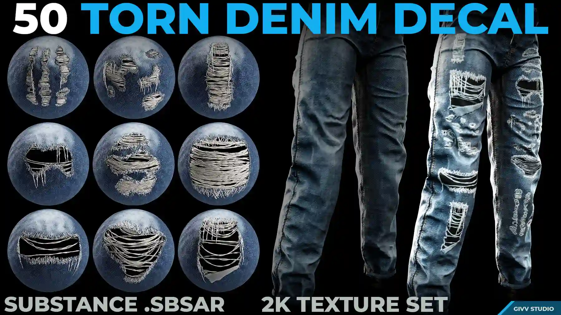 50 Torn Denim Decals – Substance .SBSAR + 2K Tex